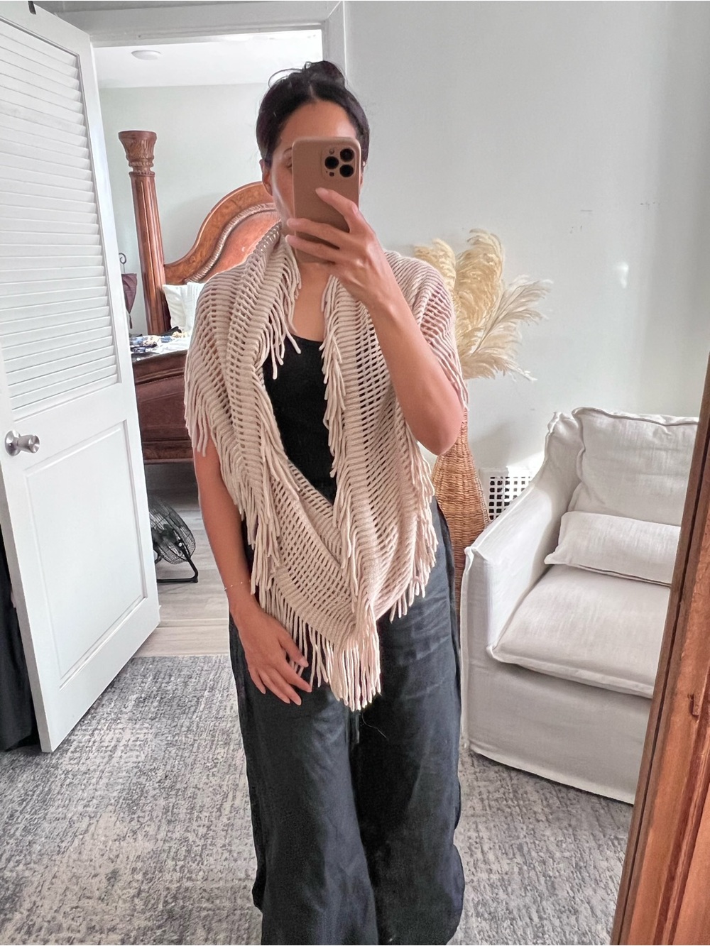 Tan Fringe Open Knit Shawl Sweater Scarf Wrap